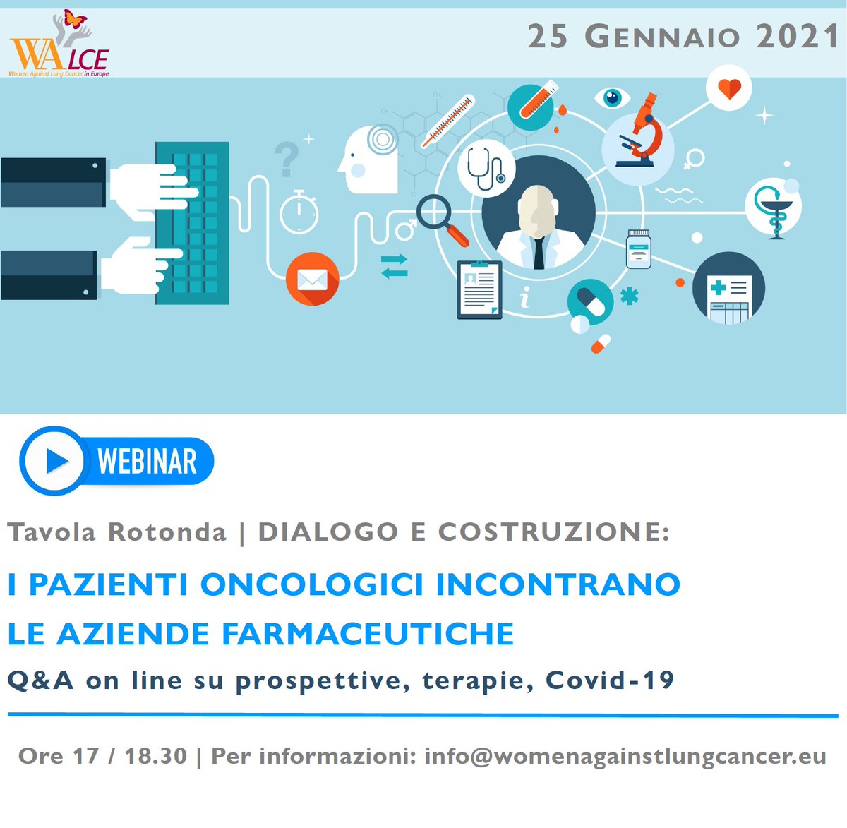 WalceOnlus2006's tweet photo. 💻🗣 Un nuovo appuntamento on line, lunedì 25 gennaio, promosso da WALCE in ambito di #informazione e #formazione per i pazienti oncologici.⌨️
#webinar https://t.co/na0DXPm6Qv
