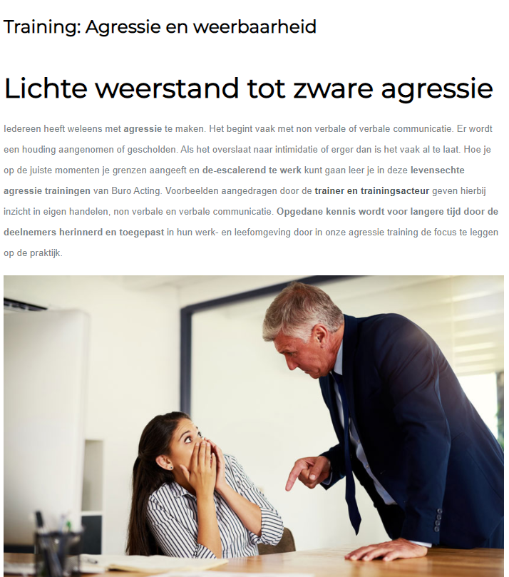 Achter de schermen vanuit <a href="/BuroActing/">Rinco van der Baan van Buro Acting</a> mooie ontwikkelingen. In opdracht van #OVDOpleidingen (sinds 2014 één van onze Opdrachtgevers), zijn wij bezig met het ontwikkelen van nieuwe Trainingen gericht op #Emotie, #Agressie, #Diefstal en #Overval voor het bedrijfsleven.

#MKB #ZZP