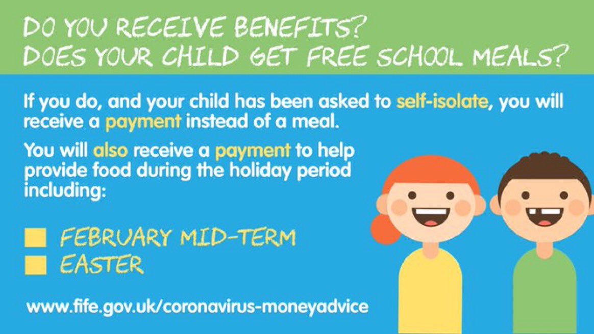FifeCouncilTP's tweet photo. Parents and carers who receive benefits and whose children are entitled to free school meals will continue to get £11.50 per week, per child whilst schools remain closed in January. Next payment will be on Wednesday, 20th. More Info at https://t.co/822uBoYXW7… https://t.co/5vu2i7FLiS