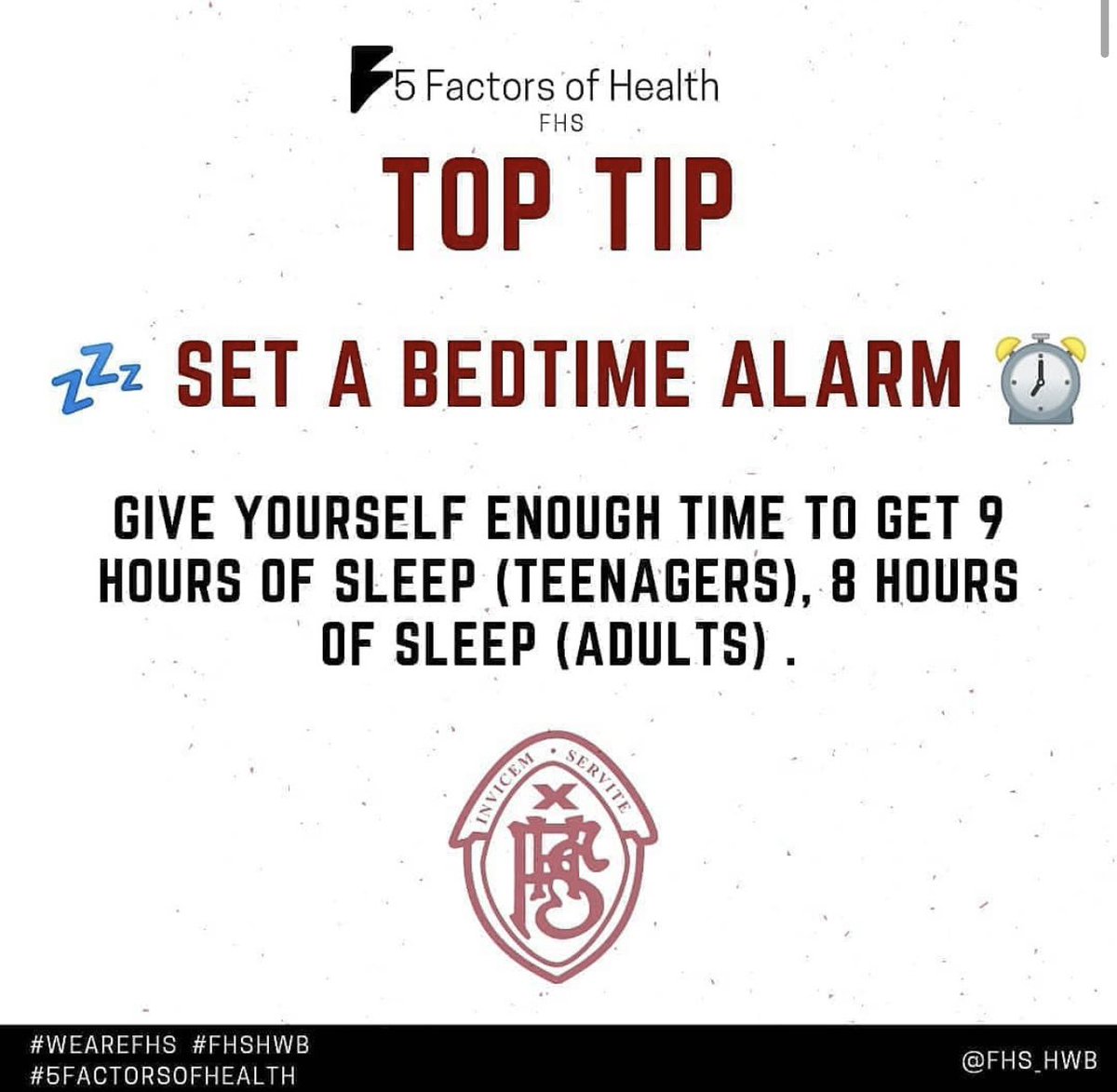 💥Top Tip Tuesday💥

Set a bedtime⏰. This is your signal to wind down. 

Read a 📖 
Take a hot 🛁 
Draw/colour in 🎨
Meditate or yoga🧘‍♂️ 
Listen to relaxing 🎶 

This will help release our sleep hormone (melatonin) which will get you ready for bed 💤 

#weareFHS #5FactorsofHealth