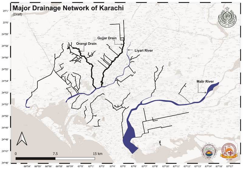 NED has been working on Karachi's drains/nullahs. The CM asked them to. If we want to avoid flooding next year, we'll have to do something now. Here is the map of our major drains. You can see the Malir river in blue...