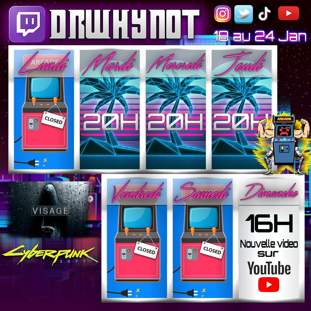 Dr_Why_Not's tweet photo. Le Planning de la semaine est là !

Mardi : #cyberpunk2077
Mercredi : #visage 
Jeudi : Une Game with Viewers special #AmongUs

#twitch #stream #live #twitchaffiliate #gaming #visagegame #gamewithviewers #fr #twitchfr https://t.co/rCucgEDrCe