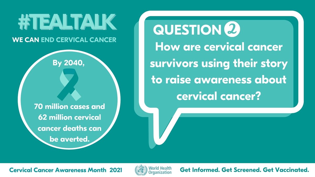 DrNonoSimelela's tweet photo. Q2: How are #cervicalcancersurvivors using their story to raise awareness about #cervicalcancer? @ENGAGe_ESGO @ESGO_society #TealTalk Learn more about how together we can end cervical cancer at https://t.co/L3aQBSHE5U https://t.co/ALwKQCWemB