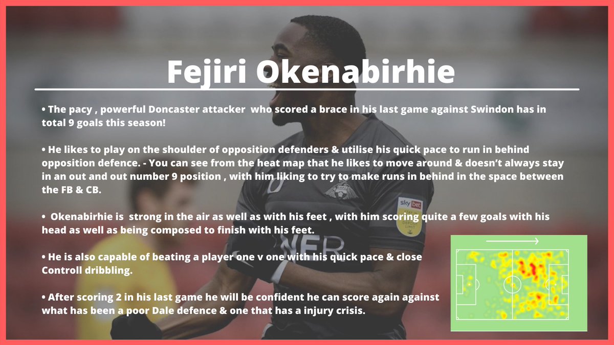 Fejiri Okenabirhie  Pacy Powerful Attacker Scored a brace in his last game Likes to play on the shoulder of defences (Check Vid) Good in the air & with his feet The Pic below gives a little analysis of Fejiri Okenabirhie  #DRFC  #Fejiri  https://twitter.com/drfc_official/status/1350608780921167874
