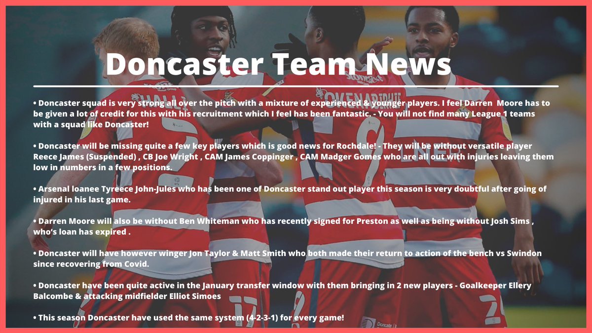  Doncaster Team News Very Talented Squad - Great Recruitment! Quite a few key player missing through injury Signings - Balcombe & Simoes In the 2 Pics below it will give you  #DRFC team news & give you my Prediction for their team 