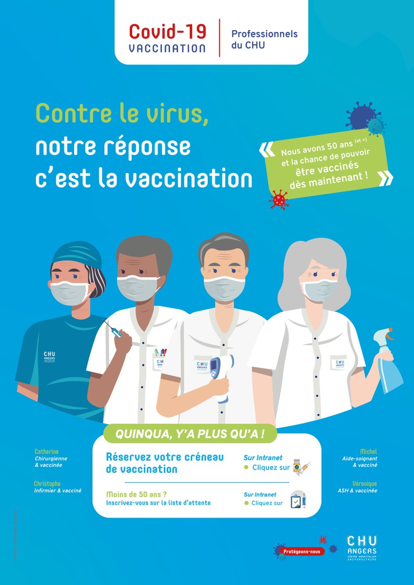 [#Vaccination #Covid19 des professionnels du #CHUAngers]

Vous travaillez au CHU ?
et vous avez + de 50 ans ou vous présentez des facteurs à risque ?

Pour vous faire vacciner : prenez rdv via Doctolib - accès réservé via l'intranet du CHU.

#QuinquaYAPlusQuA