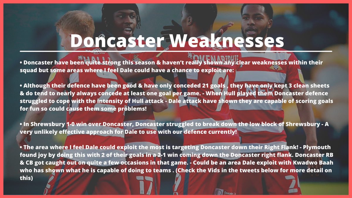 Doncaster Weaknesses Their Defence will give you a chance Struggle to break down a team in a Low Block Target  #DRFC Right side of Defence - (Check Vids below) In the Pic below it will look at  #DRFC Weaknesses and Areas where  #RAFC can Exploit