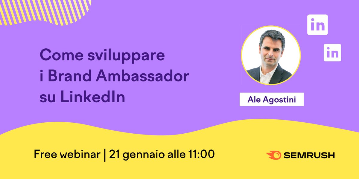 Partecipa al nostro prossimo webinar gratuito con 
<a href="/agostini_ale/">Ale Agostini</a> e impara come creare un programma di Brand Ambassador aziendali su #LinkedIn
Registrati subito ⬇️ it.semrush.com/webinars/come-…