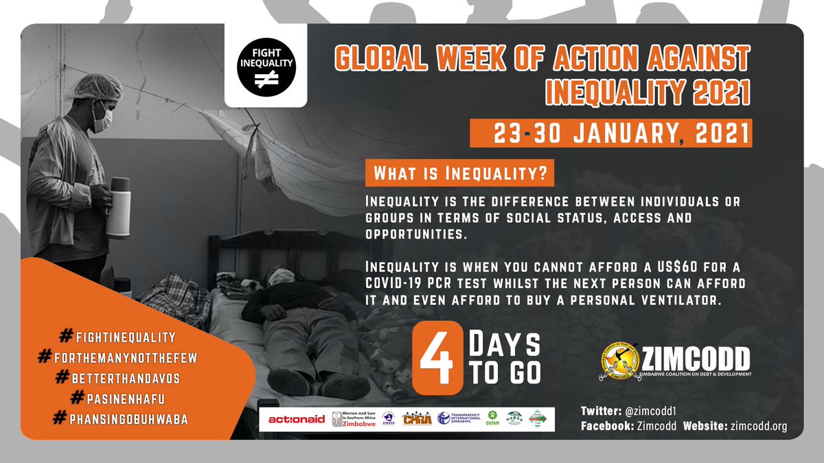 ZIMCODD1's tweet photo. #COVID19 has exposed how #Inequality furthers vulnerability disproportionately. Join the Global Protest to #FightInequality from 23-30 Jan. How do we solve Inequality in Zim and globally? Can we solve inequality? @kubatana @nigelchanakira @MthuliNcube @wef @WorldBank https://t.co/iMtTzPZHqC