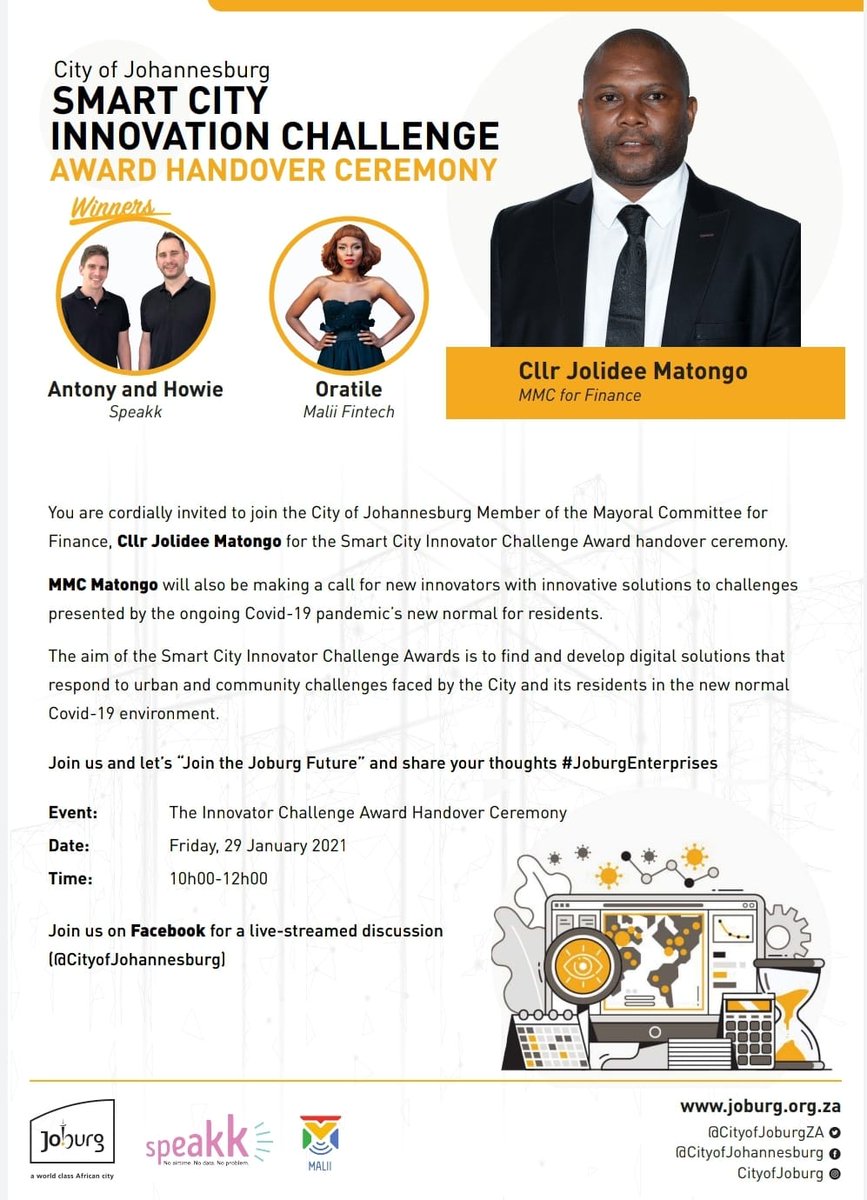 CityofJoburgZA's tweet photo. INVITE: Smart City Innovator Challenge Award Handover Ceremony 🏆 👇🏾

These awards will see the City in efforts to partner with residents to embrace the new normal using innovation #JoburgEnterprises ^GZ https://t.co/Y8gyUo6wtO