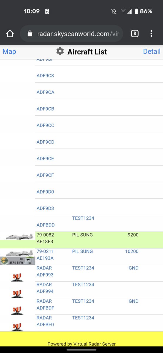 scan_sky's tweet photo. Tracking These 2 Beauties - Such A Shame They Don't Show On The Map 😢👀

2 x A-10c Thunderbolt ⚡ - @51stFW - #PILSUNG https://t.co/RoBg62a8DN