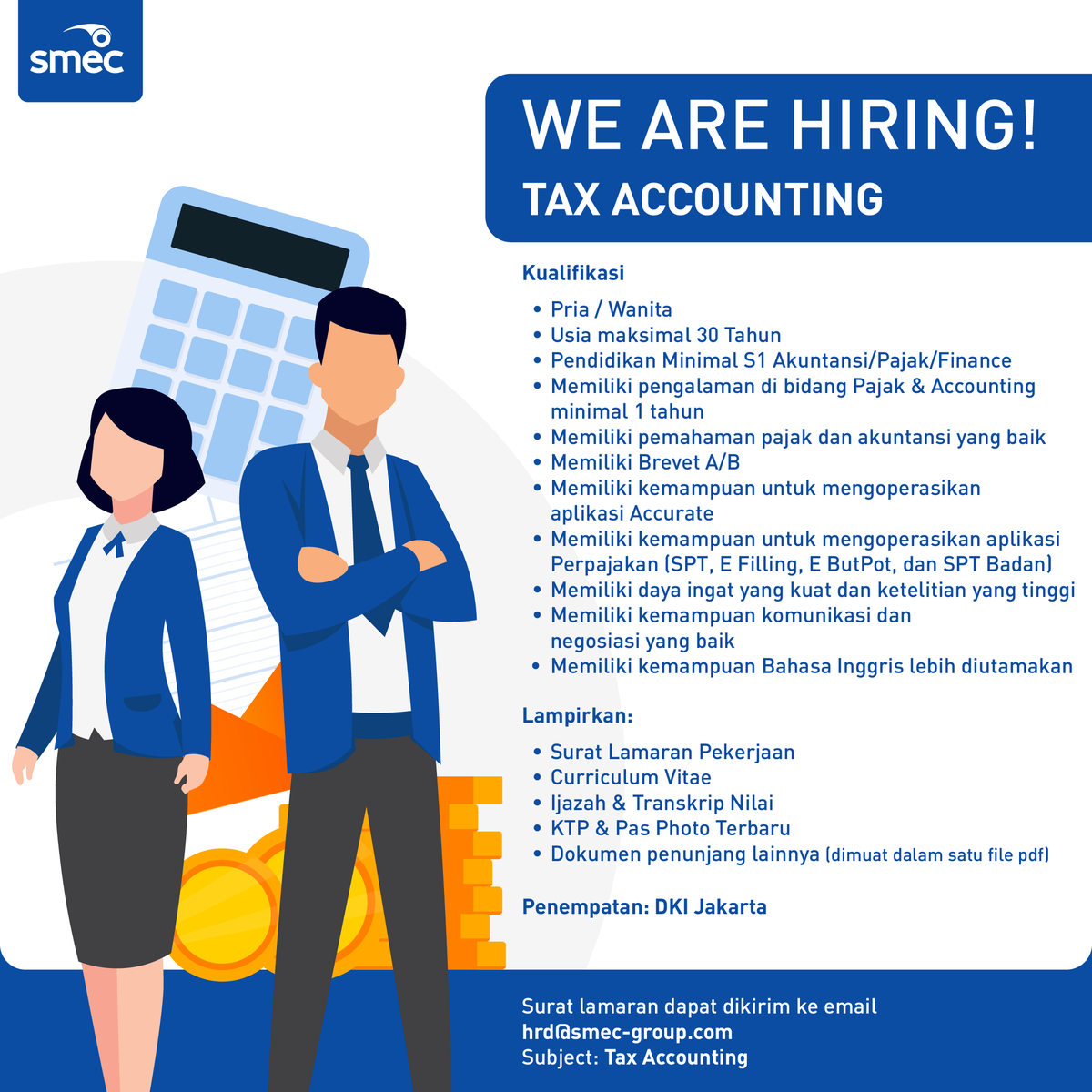 rsmatasmec's tweet photo. SMEC Group mengajak kamu untuk bergabung menjadi bagian dari tim yang dinamis, dengan lingkungan kerja yang positif.

Kualifikasi terlampir dalam gambar iklan lowongan.
Segera apply!

Bantu up ya, mincot @hrdbacot 😊

#SMECGroup #SMECIndonesia #Hiring #Lowongankerja https://t.co/33aFGZvsBX