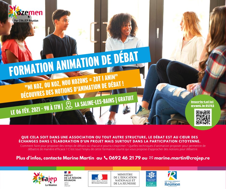 CrajepR's tweet photo. "Mi koz, ou koz, nou kozons = zot i anim "
Découvre des notions d'animation de débat !

🎤 Formation GRATUITE
🗓 Samedi 06 février de 9h à 17h
📍 La Saline-les-bains

Inscription obligatoire avant le 01/02 ici : https://t.co/wkRvRskOMr (⚠️  places limité !)

#974 #LaReunion https://t.co/YGojuSFPc1
