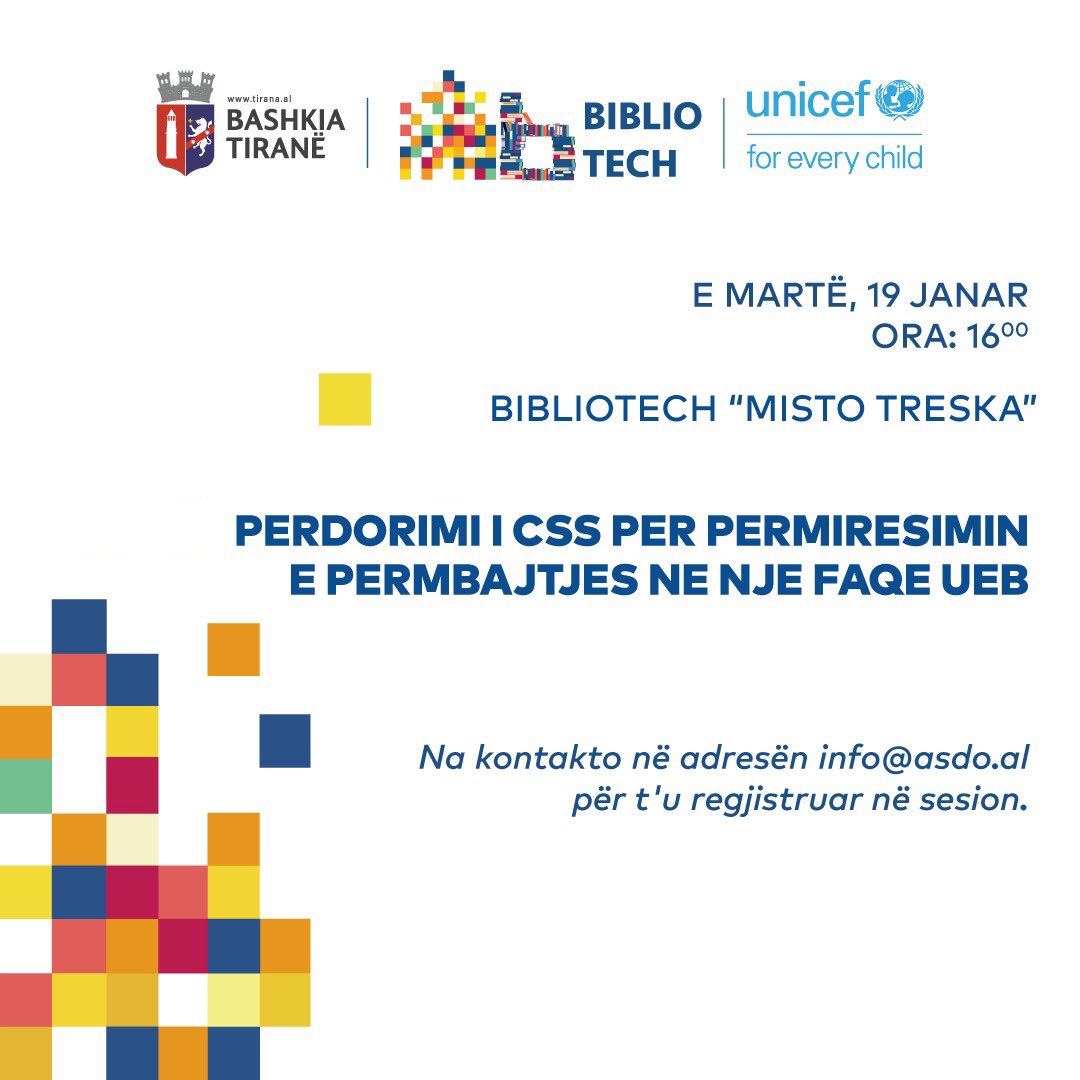 bibliotech_al's tweet photo. Tani që u bëmë mjeshtra në ndërtimin e një faqe ueb me #html, do të mësojmë se si me anë të #css mund përmirësojmë dhe rregullojmë përmbajtjen e saj.👩🏻‍💻👨🏼‍💻
 
Gati? Shihemi sot te bibliotech "Misto Treska" ora 16:00.🤝

#bibliotechal #mobilebibliotech #bibliotechtalk #unicefalbania https://t.co/lbvleRS4ah