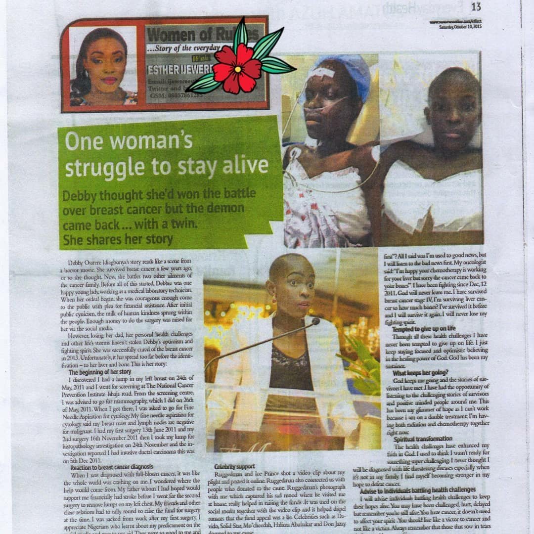 EstherIjewere's tweet photo. This is still the most challenging feature I worked on. The #SaveDebbie story, one of the strongest women I ever interviewed. She was fighting for her life when she responded to questions via Voice Note. She died few months after this publication.Keep resting in peace Debbie❤ https://t.co/0xLQHARRh0