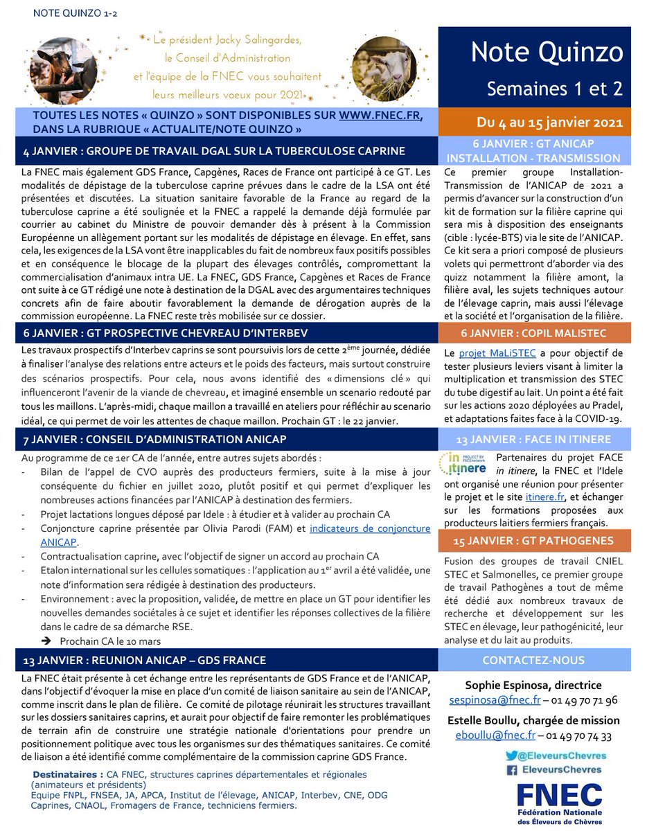 EleveursChevres's tweet image. La première #NoteQuinzo de la #FNEC est parue !
Au programme de cette première quinzaine d'activité : tuberculose #caprine et Loi de Santé Animale, GT installation-transmission, prospective #chevreau #Interbev, CA #ANICAP, #FACEinitinere, projet #MaLiSTEC et réunion GDS/ANICAP 🐐