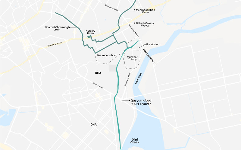 This is the map we created from the NEDUET and OPP material to clarify how much of this sewer system is connected. Manzoor Colony didn't flood. Neighbourhoods above Sh-e-Faisal did. But houses taken down in the poorer places. Why? Bc I guess we can't touch the rich?