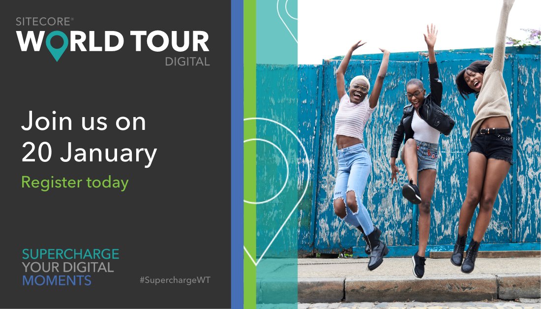 Just 1 day to go! 
<a href="/Sitecore/">Sitecore</a> World Tour Digital is on tomorrow, 20 Jan, with an awesome agenda including HSBC talking about supercharging your digital moments! Register now  bit.ly/39b90Mp #SuperChargeWT #Sitecore