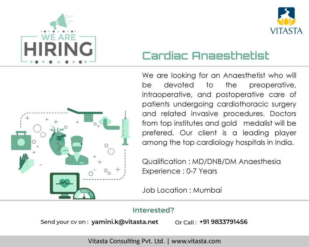 VitastaConsult's tweet photo. We are looking for an Anesthetist for one of the top cardiology hospitals in Mumbai.

#doctors #Cardiology https://t.co/996bwRMc8P