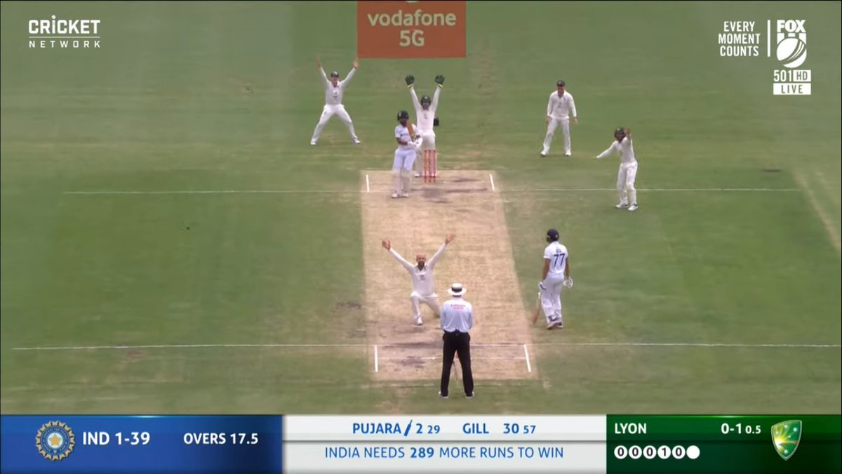 வந்தார் இரண்டு Run எடுத்த நிலையில் நாதன் லியோன் பந்துவீச்சில் பந்து பேடில் பட ஆஸ்திரேலியா அணி review செய்தது,ஆனால் umpie not out கொடுக்க புஜாரா தப்பித்தார் விரைவாக புஜாராவை அவுட் ஆக்கி விட வேண்டும் என ஆஸ்திரேலியா அந்த Review உடனே எடுத்தது,அது பலிக்காமல் போக கம்மின்ஸ் வந்து