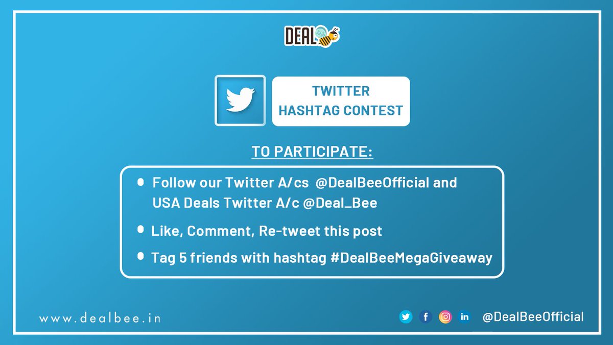 💡 DealBee's Hashtag Contest Week is live from now till 28th Jan '21

Enter and win Amazon vouchers worth Rs. 2500 (250 X 10).

2 Winners will be announced every next day of the contest

So tag your friends, &amp; participate now! 🥳

#DealBeeMegaGiveaway #ContestAlert