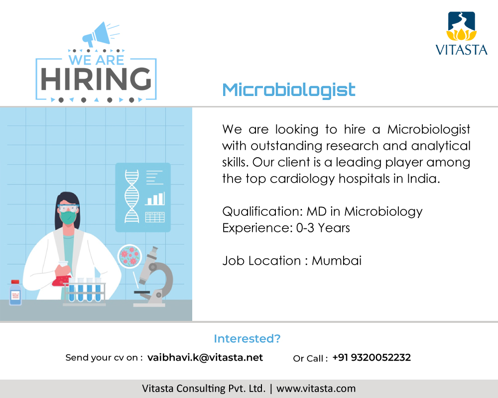 VitastaConsult's tweet photo. We are looking for a Microbiologist for one of the top cardiology hospitals in Mumbai.

#Microbiology #Cardiology https://t.co/P1pTNgu7cP
