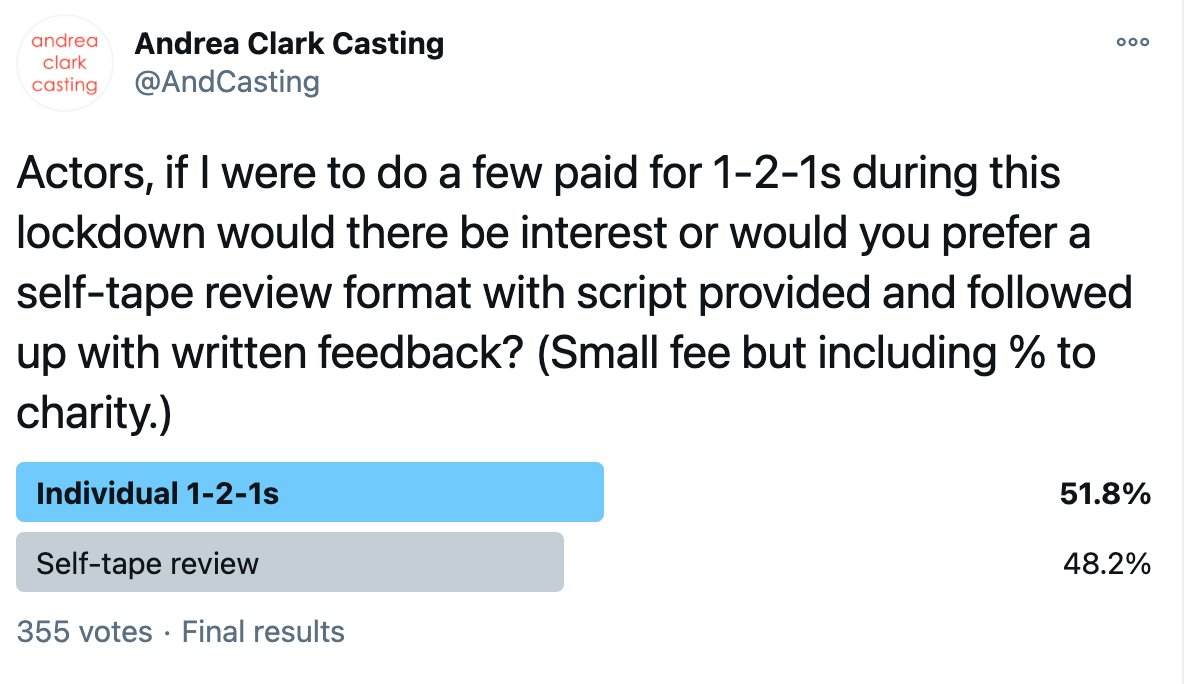 A very few spaces still available for both 1-2-1s AND self-tape reviews for next week (w/c 25th Jan.) All details, including how to apply, are on my website. Follow relevant link: 
1-2-1s: aclarkcasting.com/2021/01/17/1-2…
Self-tape Review: aclarkcasting.com/2021/01/17/sel…