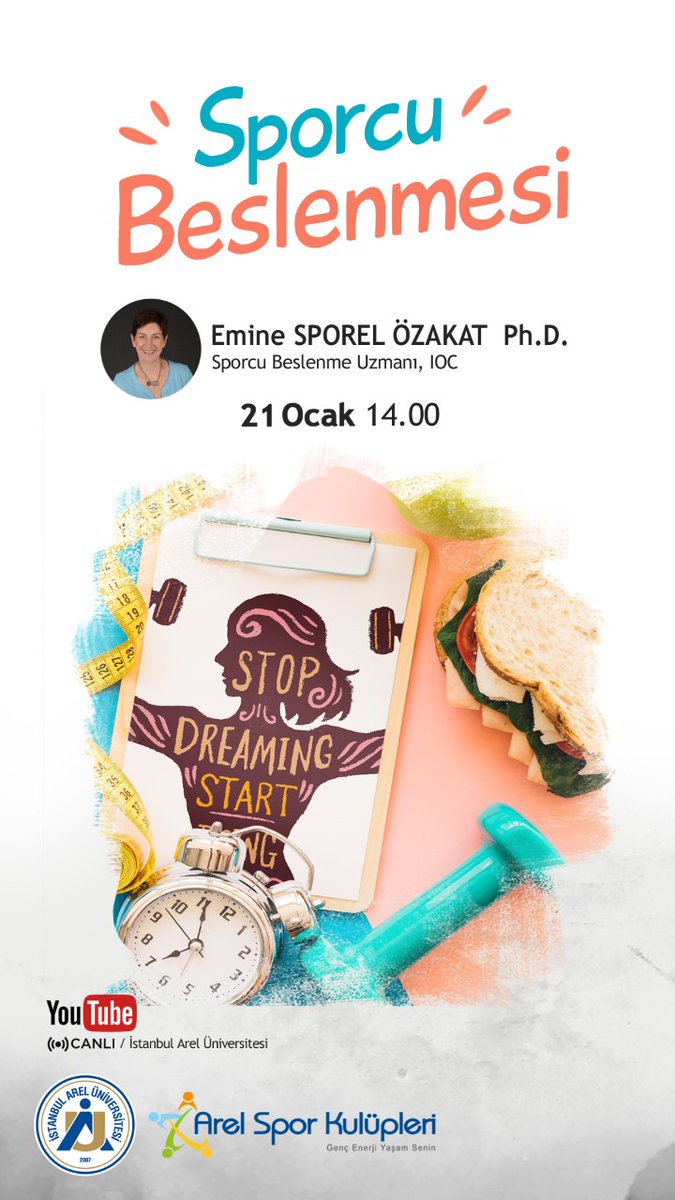 Sporcu Beslenmesi Uzmanı Emine Sporel Özakat'ın katılacağı "Sporcu Beslenmesi" etkinliğimiz 21 Ocak saat 14.00'da Arel Youtube hesabından canlı yayın ile sizlerle! 
<a href="/areledu/">İstanbul Arel Üniversitesi</a> <a href="/SporelBeslenme/">SPOREL BESLENME⚽️🏌️‍♂️🏀🏊‍♂️🎾🏋️‍♀️🏐</a>