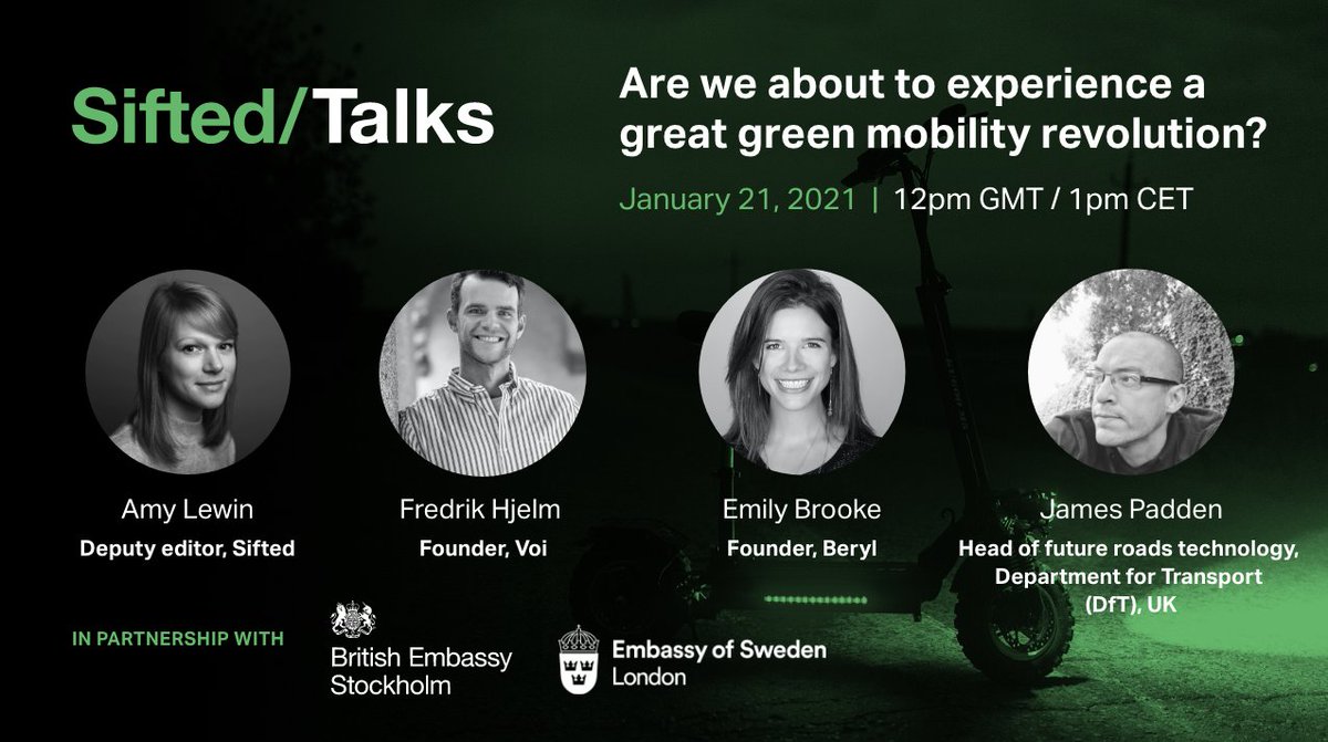Looking forward to joining <a href="/Siftedeu/">Sifted</a>'s <a href="/amyrlewin/">Amy Lewin</a>, DfT's James Padden &amp; Voi's <a href="/FredrikHjelm4/">Fredrik Hjelm</a> for a chat about a green mobility revolution in Europe - 12noon GMT this Thurs, sign up here: us02web.zoom.us/webinar/regist…