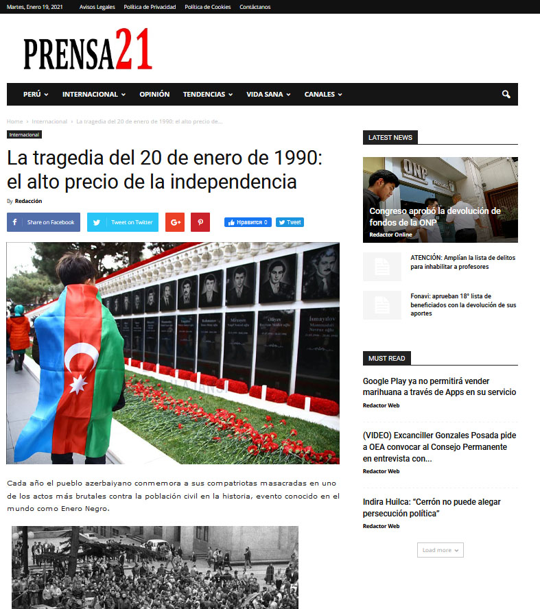 AzDipPeru's tweet photo. La prensa #Peru/ana @Prensa21_ escribió sobre la tragedia del #20deEnero #EneroNegro #Azerbaiyán #tragedia #masacre #QaraYanvar #20Yanvar #BlackJanuary #Baku1990 #Sovietinvasion #RedArmyterror #QanliYanvar #31stAnniversary #20January
https://t.co/LZCOfusNYE https://t.co/TYxxwhH2Zk