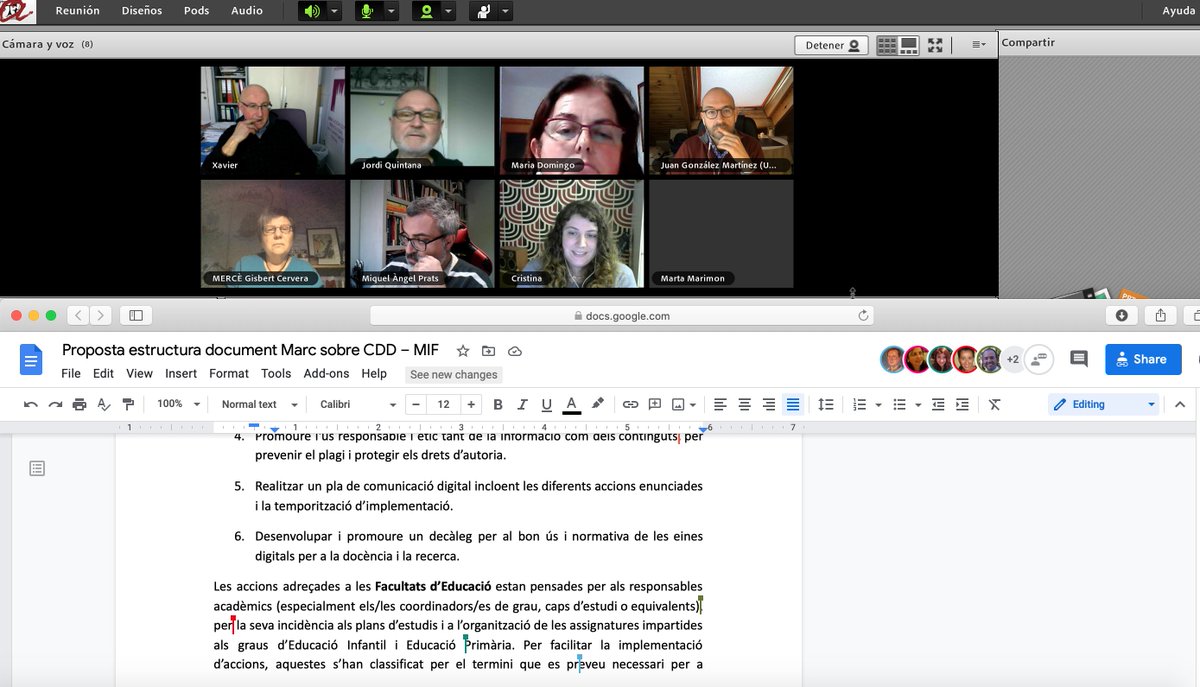 Merce_G's tweet photo. Reunió de la #ComissioCDD del @ProgramaMIF. Treballant en un document marc sobre competència digital docent. Repensant el perfil docent en temps de #COVID @jquintana7 @maprats @Crisketa @marta_marimon @MariaDomingo @juanglezmar #XCarrera #CDD #formacioprofessorat #formacioCDD https://t.co/vPOyOuQn0N