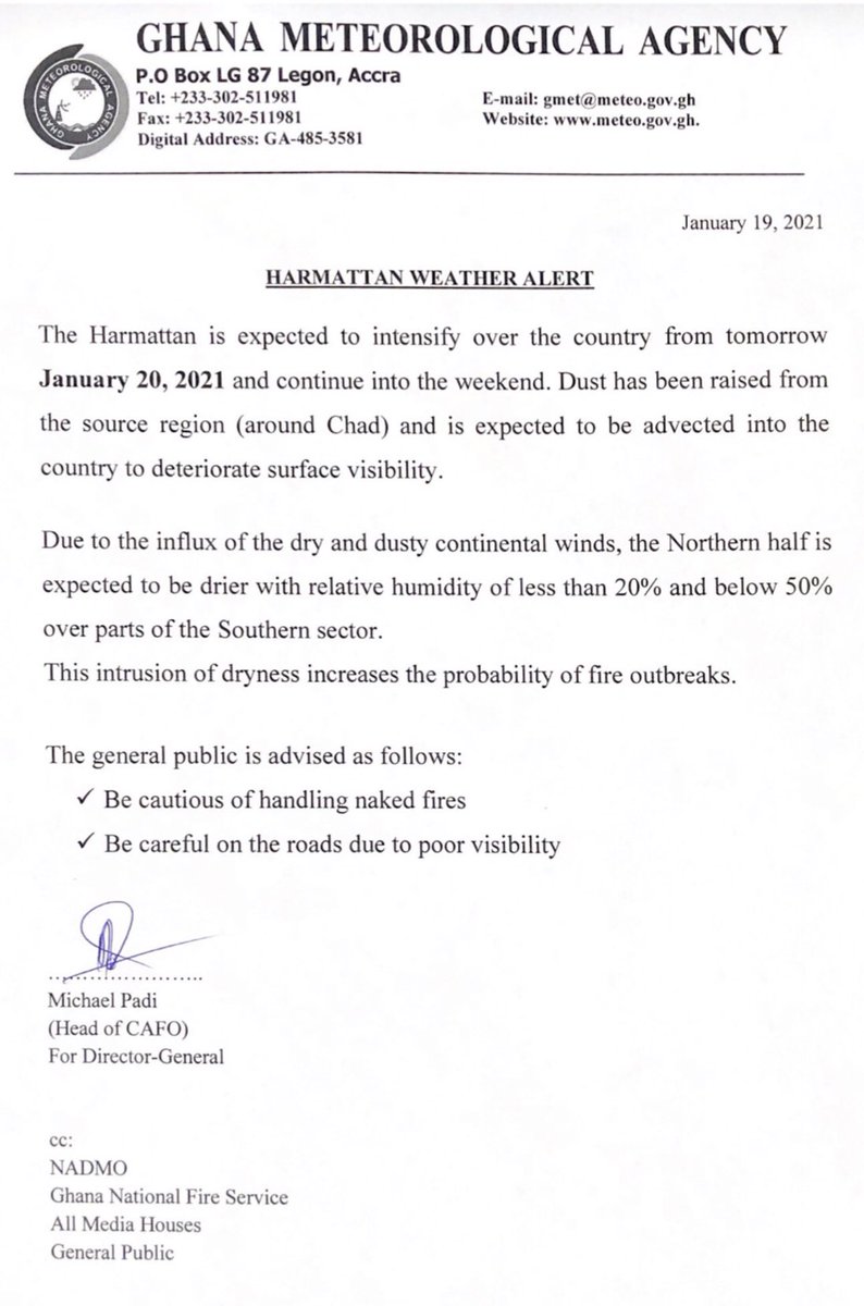GhanaMet's tweet image. 📌📌HARMATTAN ALERT📌📌
An intensification of the dry and dusty weather is expected from tomorrow into the weekend. The intensity will be higher over the North but parts of southern Ghana will experience the condition as well.