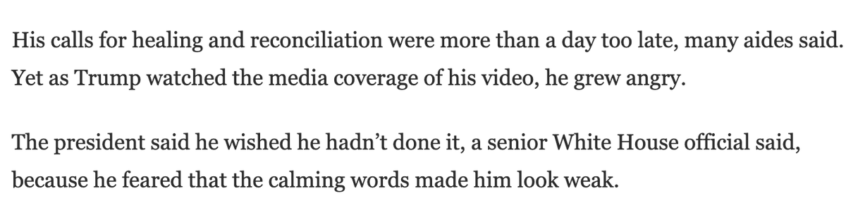 1/7, 7:10pm: It was not until Thursday night that Trump posted a video conceding the election and that a new administration will take office. Yet he immediately regretted doing so.  https://web.archive.org/web/20210116033230if_/https://www.washingtonpost.com/politics/trump-mob-failure/2021/01/11/36a46e2e-542e-11eb-a817-e5e7f8a406d6_story.html