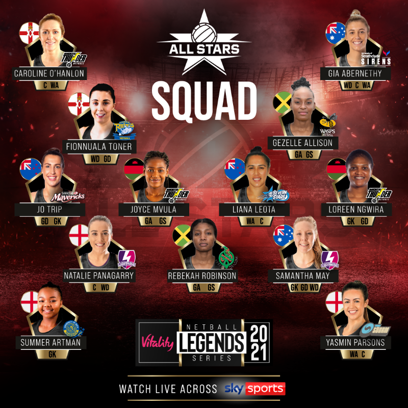 NetballSL's tweet photo. ⭐️ Star shooters
💪 Dynamic defenders
🥇 Commonwealth champion
🏆 Numerous #VNSL titles

Thirteen players will represent the international Vitality Netball Superleague All Stars at the Vitality Netball Legends Series 🌟

Meet the squad which will be led by Head Coach @kjgreigy 👇