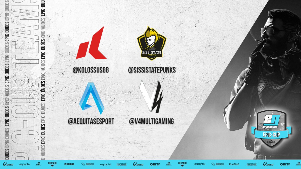 Heute announcen wir die ersten 4 Teams des #EPICCUP!

<a href="/KolossusGG/">NichtKolossus</a> 
<a href="/sissistatepunks/">SISSI STΛTΞ PUNKS</a> 'Young Punks'
<a href="/AequitasEsport/">Aequitas eSport</a> 
<a href="/v4multigaming/">V4</a> 

 sind am 31.1. mit dabei! 🔥🤩 🤙

#WELIVEGAMING #EPICCUP