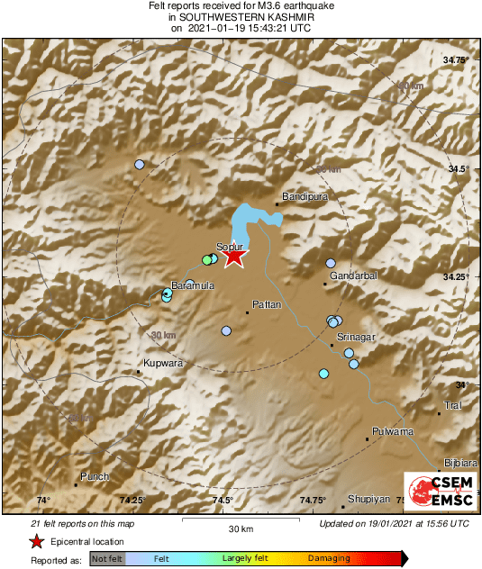 LastQuake's tweet photo. M3.6 #earthquake (#भूकंप) strikes 34 km NW of #Srīnagar (#India) 14 min ago. Effects reported by eyewitnesses: https://t.co/FAH7h5Lmzi