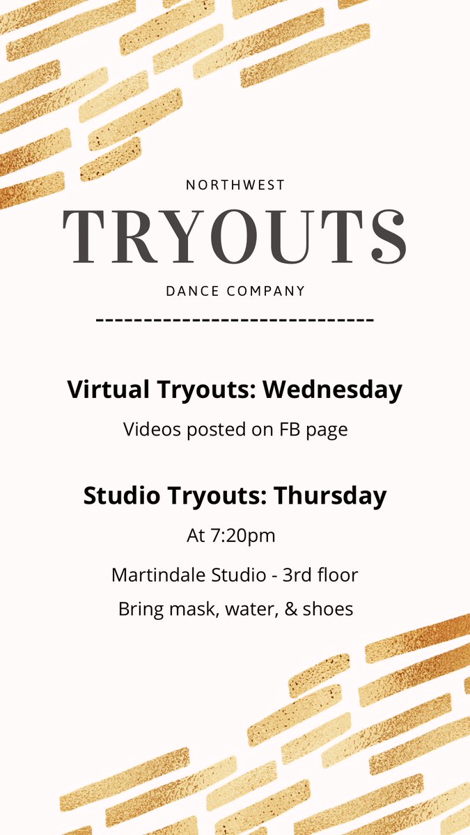 NWDanceCompany's tweet photo. Good morning dancers! Tryouts start tomorrow! Virtual tryout videos will be posted on the FB page - Keep a look out! 💃🏼 https://t.co/YelgCLLFna