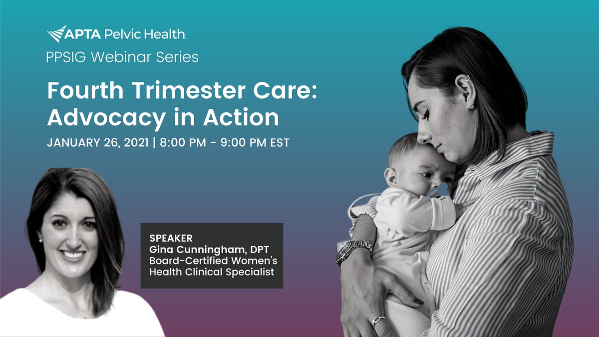 Learn more about how to advocate for 4th trimester care Jan 26 from 8pm-9pm EST. Explore how Gina took action with local State reps to bring awareness for the needs of the #4thtrimester population. Register at zoom.us/meeting/regist…

#postpartum #advocacy #physicaltherapy
