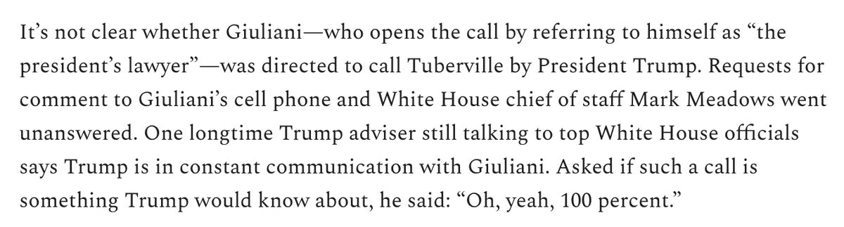 1/6, 7pm: Giuliani calls Sen. Lee leaving a message intended for Sen. Tuberville about trying to prevent Congress from voting. Basically the same as Trump’s phone call earlier in the day. There’s reason to believe that Trump was behind this effort as well  https://thedispatch.com/p/giuliani-to-senator-try-to-just-slow