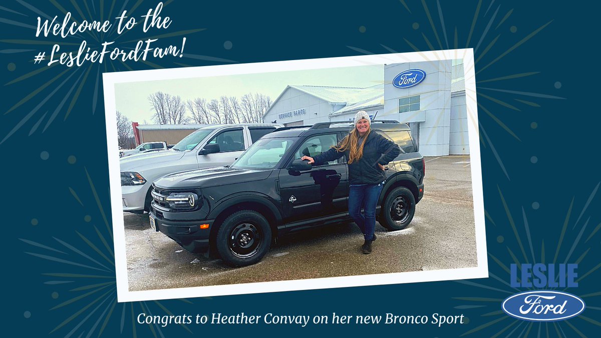 LeslieMotors's tweet photo. Another Bronco Sport leaving the lot. Enjoy your sweet ride Heather Convay! #LeslieFord #BroncoSport #LeslieFordfam #FordBronco #LeslieMotors #Ford #anothersatisfiedcustomer https://t.co/JxooDqc9eJ