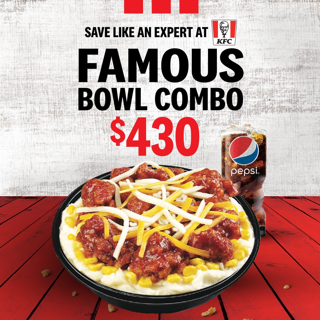 kfcjamaica's tweet photo. Have a lunch date with the most #FamousBowl you’ll ever meet! Get that #BBQ flavour for only $430 and #SaveLikeAnExpert! Available for #DriveThru / #CarryOut https://t.co/KpS5m4o3Dn