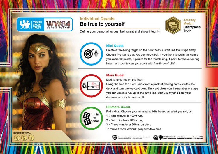 Check out this Quest Card from <a href="/YouthSportTrust/">Youth Sport Trust</a> exciting new Wonder Woman-inspired resource for schools and families! Will your young people complete the mini, main or ultimate quest? For more quest cards, download the free #WW84  take a look 👉 bit.ly/YSTWW84 <a href="/DCComics/">DC Comics</a>