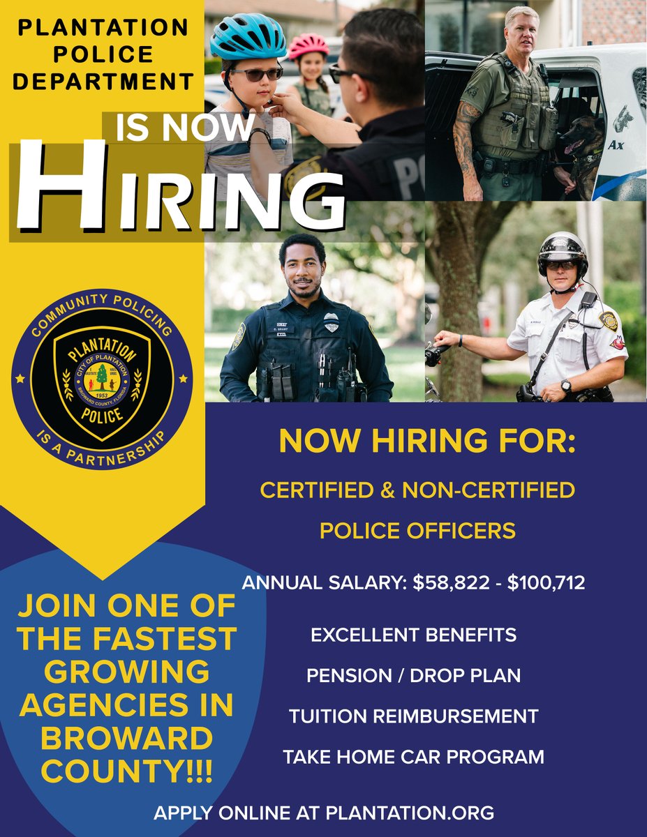 Plantation Police Department is recruiting for the position of police officer. Apply today.