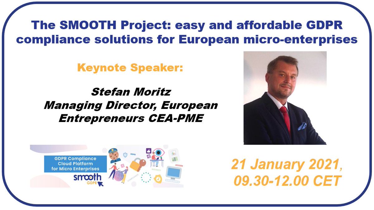 Mr Stefan Moritz, Managing Director of <a href="/CeaPme/">European Entrepreneurs CEA-PME</a>, the largest confederation of voluntarily associated #SMEs in Europe, will be the keynote speaker of our final conference.

Come to hear from him on #digitalisation and #GDPR support for businesses, register: register.gotowebinar.com/register/82765…
