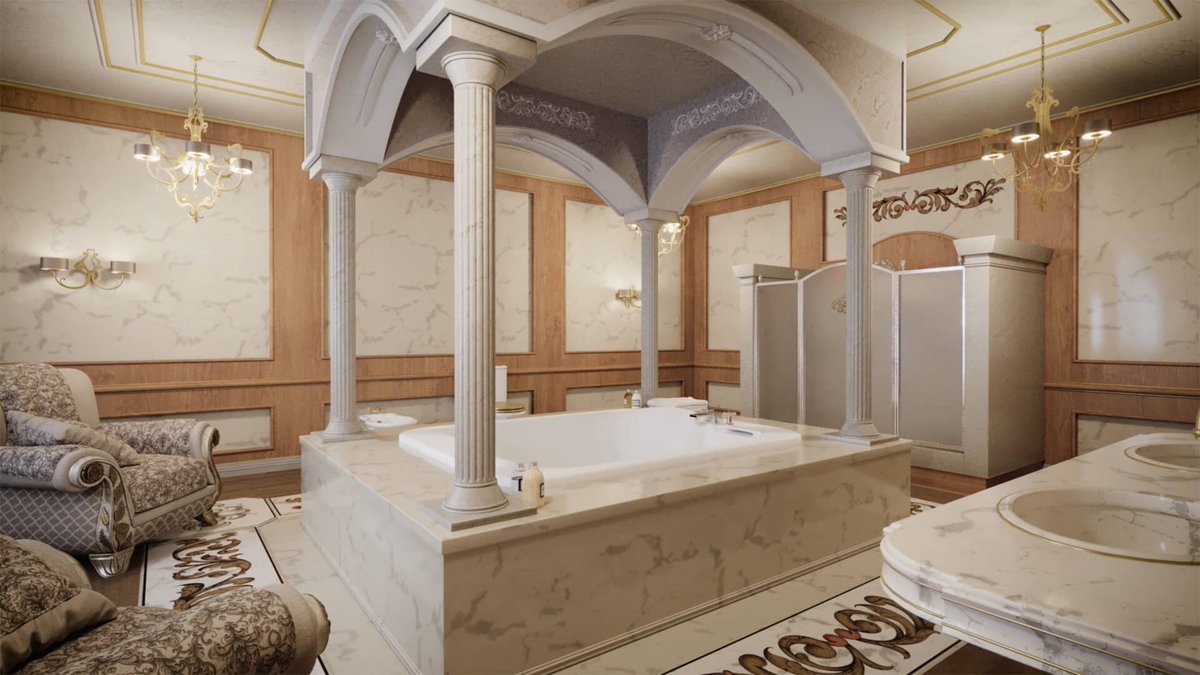 These already infamous scenes from inside Putin’s palace aren’t actually photographs — they’re custom-ordered 3D visualizations based on the leaked blueprints. Some of the furniture is based on previously leaked photos. Be warned: there’s some (a lot of) artistic license here.