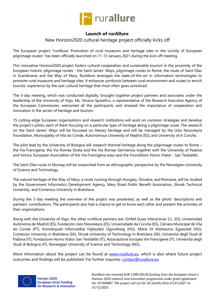 rurallure's tweet photo. 📰 Hot off the press: the first #pressrelease about our #rurAllure project and kick-off meeting 😎
#culturalheritage #h2020 #pilgrimage #sustainabletourism #culturalroutes #slowtourism
#responsibletourism #environment #europe

@EU_H2020 @EU_Commission @uvigo https://t.co/PoMZKwCQBq