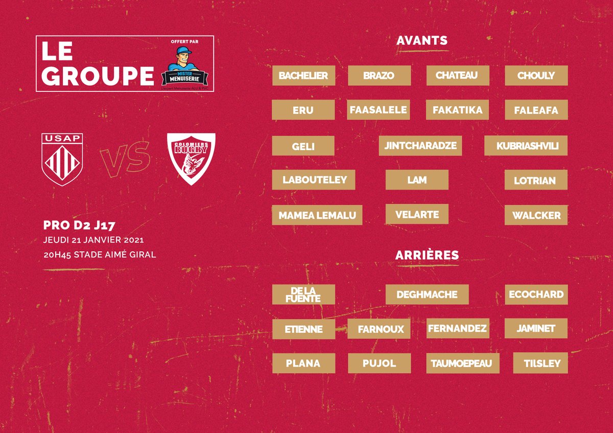 usap_officiel's tweet photo. Le Groupe de l'USAP, offert par notre partenaire @MrMenuiserie Menuiserie, pour la réception de @ColomiersRugby Rugby , ce jeudi 21 Janvier à 20h45 au Stade Aimé Giral en direct sur Canal+ Sport !
#etreensembleusap https://t.co/SqqvItLxn6