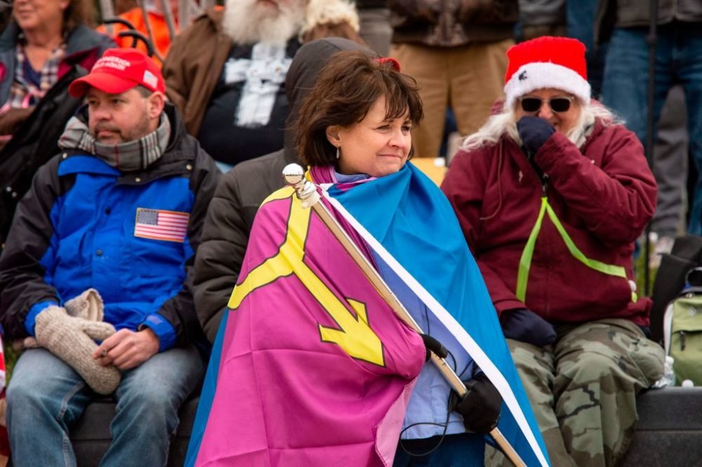 ARRESTED: Suzanne Ianni, 59, from Massachusetts. The  @Town_of_Natick meeting member organized buses to the deadly riots. She wrapped herself in anti-LGBTQ Super Happy Fun America's "Straight Pride" flag. Their motto is "it's great to be straight"  https://www.masslive.com/police-fire/2021/01/suzanne-ianni-a-natick-town-meeting-member-and-mark-sahady-from-malden-arrested-by-fbi-on-tuesday-for-storming-us-capitol.html