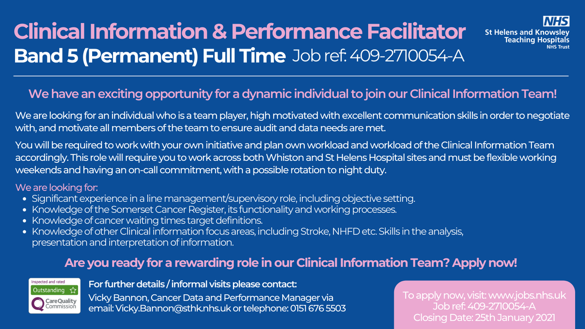 mwl_recruitment's tweet photo. 👇 We want you! 👇 

This is an excellent opportunity to be part of the on-going development of #datamanagement for patients within the Trust.  

Ready to join us? Apply here 👉 https://t.co/iIQEtpW5Pa  

#WeAreTheNHS #NHSJobs #NHSRecruitment #NHSCareers #ClinicalInformation https://t.co/WHLDy8noek