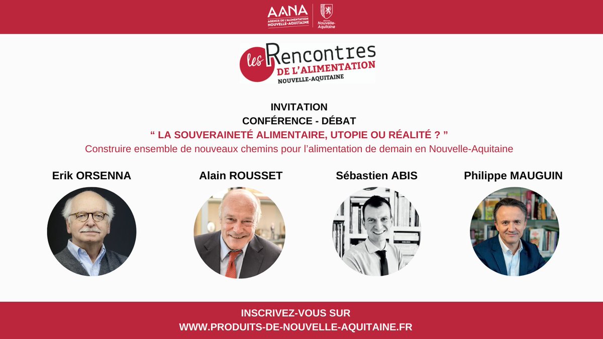 Participez à la #conférence #débat du 3/02/2021 "#Souverainetealimentaire, #utopie ou #réalité", en présence d’#ErikORSENNA, <a href="/al_rousset/">Alain Rousset</a>, @Sebastien_ABIS, et <a href="/PhMauguin/">Philippe Mauguin</a>.

De 10h30 à 12h, en #visioconférence.

Par ici 👉 bit.ly/3oZjrt6